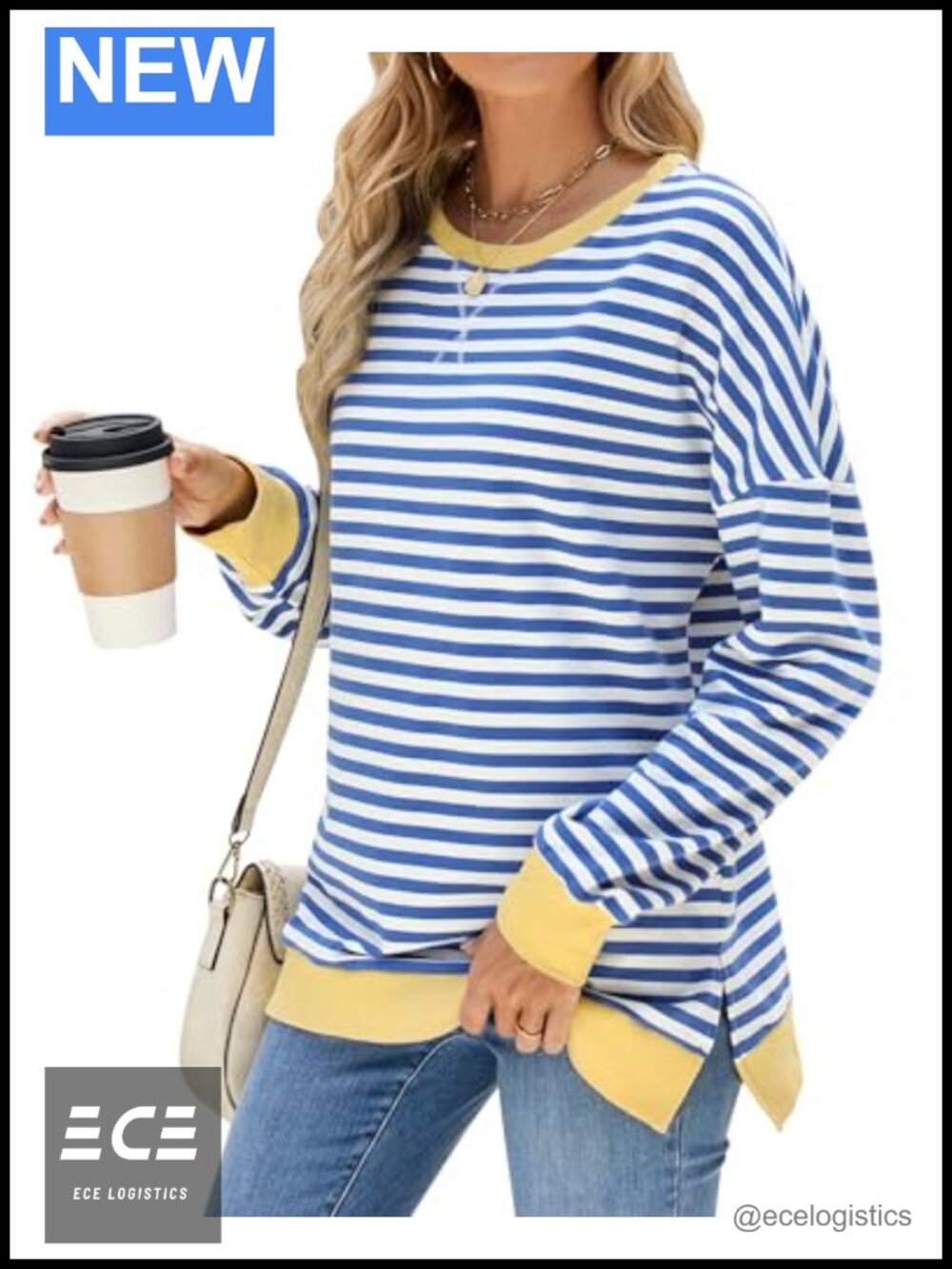 Women's Striped Tunic Top Crewneck Long Sleeve Side Slits Loose Fit